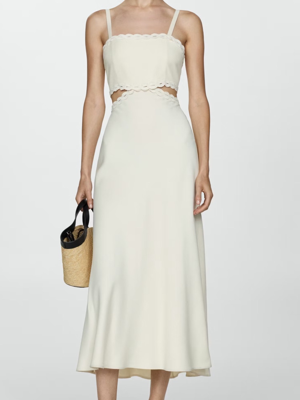 Mango Cream Scalloped Cutout Midi Dress with Spaghetti Straps